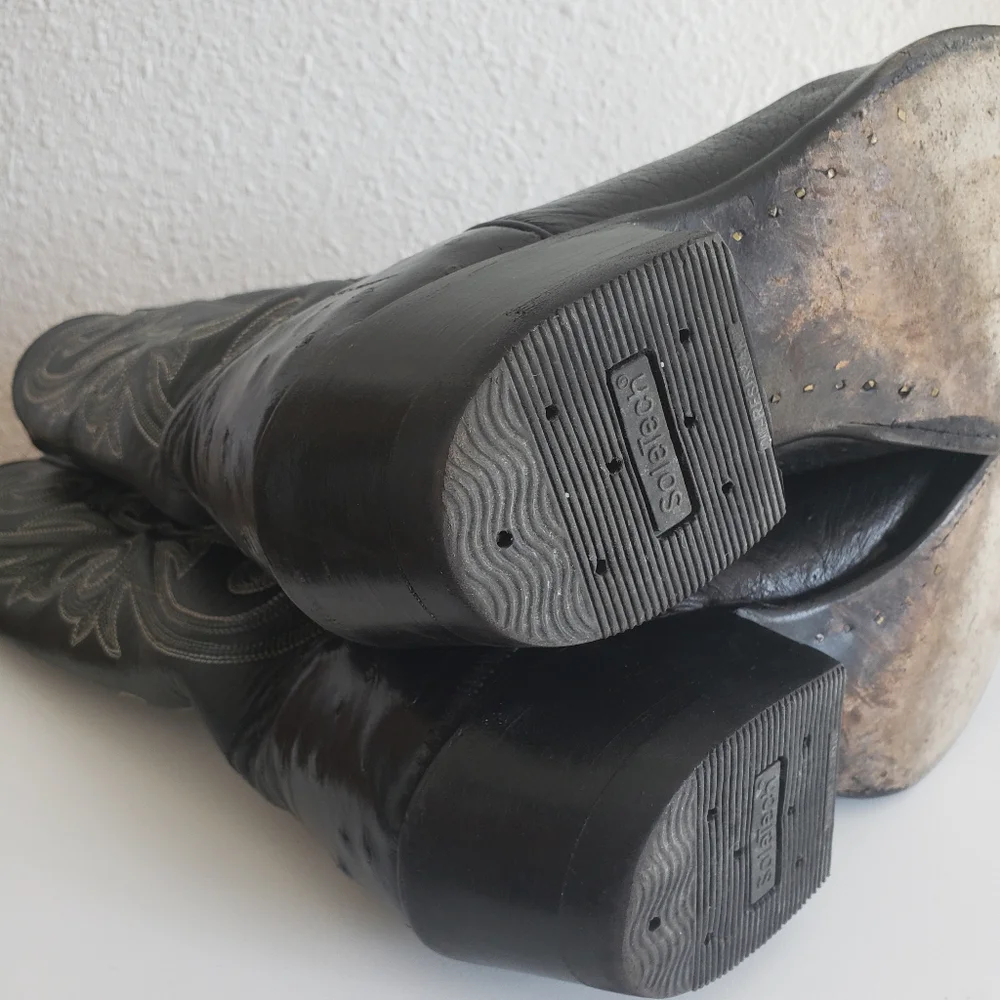 Nocona Western Cowboy Rancho Black Leather Stitch Flame Boots